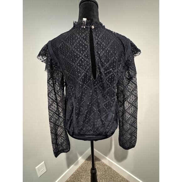 Free People Blouse Womens Small Black Lace Sheer Ruffle High Neck Long Sleeve - Picture 5 of 8